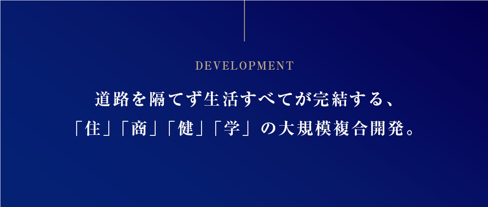 道路を隔てず生活すべてが完結する、「住」「商」「健」「学」の大規模複合開発。